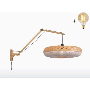 Wandlamp met Lange Arm - PALAWAN - Bamboe - Naturel/Witte Kap - Small (40x15cm) - Met LED-lamp