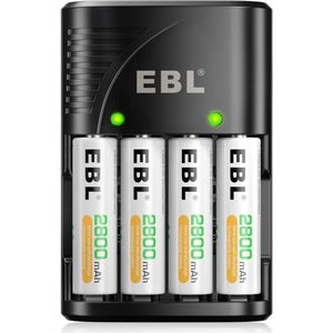 EBL Batterijlader voor AA, AAA en 9 Volt Batterijen met 4x Oplaadbare AA Batterijen 2800 mAh - Batterij oplader met Led indicatie voor Oplaadbare batterijen