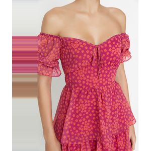 Trendyol Zwarte Bloemenrok, Flounce Skater/Taille-Opening, Chiffon Mini Gevoerde Geweven Jurk Twoss22El2772