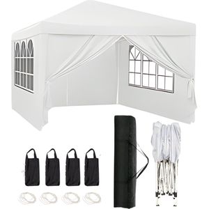 Qualytents - Partytent - Easy up - 3 x 3m - Paviljoen met Zijpanelen - Opvouwbaar - In Hoogte Verstelbaar - Wit - Extra stevig