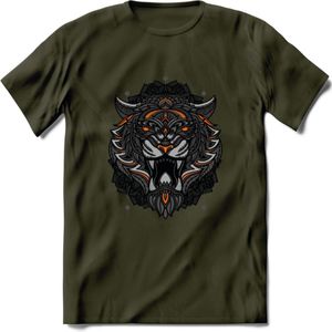 Tijger - Dieren Mandala T-Shirt | Oranje | Grappig Verjaardag Zentangle Dierenkop Cadeau Shirt | Dames - Heren - Unisex | Wildlife Tshirt Kleding Kado | - Leger Groen - S