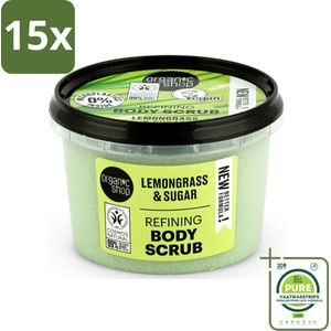 15 x Organic Shop - Body Scrub Lemongrass - Verfrissend en Verzorgend - 250 ml - Grootverpakking - Lichaams Scrub - Suiker Scrub - Citroengras Scrub - Natuurlijke Scrub - Organische Scrub
