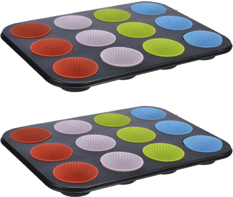 HI - Muffinvorm - Zwart - Voor 12 Muffins - Siliconen Coating - 35 x 26,5 x 3 cm