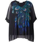 MIAMODA - Dames - Mesh blouse oversized pauwenveren ondoorzichtige jersey top - Zwart - Maat 42+