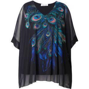 MIAMODA - Dames - Mesh blouse oversized pauwenveren ondoorzichtige jersey top - Zwart - Maat 42+