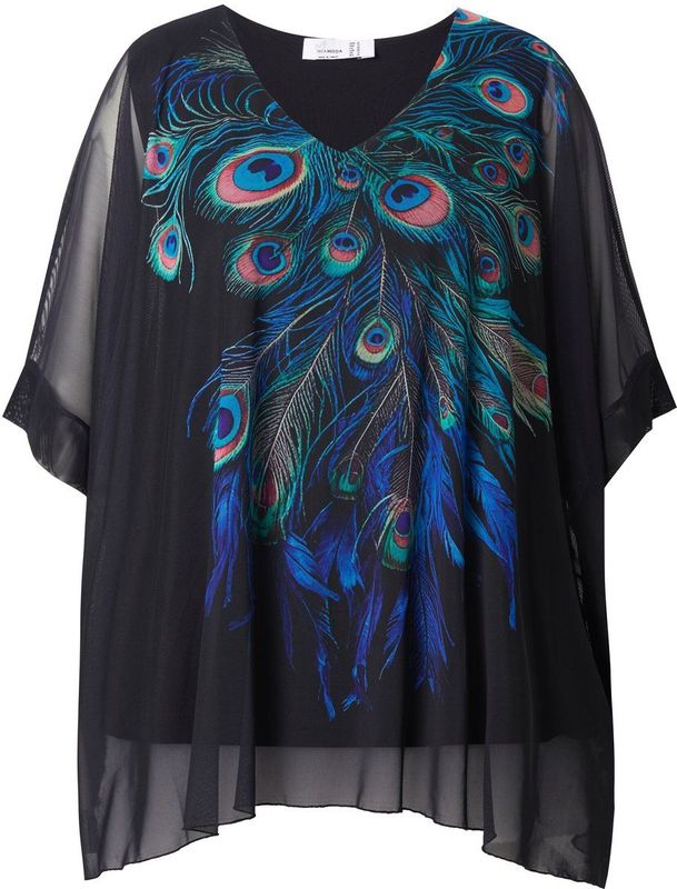 MIAMODA - Dames - Mesh blouse oversized pauwenveren ondoorzichtige jersey top - Zwart - Maat 42+