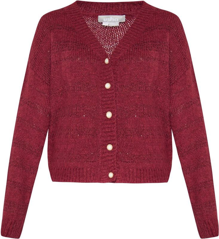 Usha - Gebreid Vest - Bourgogne - V-hals - Knoopsluiting