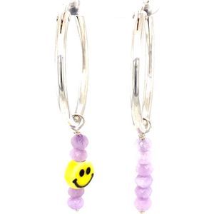 Pat's Jewels Oorbellen - Oorbellen Dames - Oorringen - 925 Zilver - 27 mm - Paars - Smiley