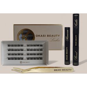 Okasi Beauty - Dreamy Lashes Starter Kit - Complete DIY Wimperset met wimperplukjes - Mix lengte 10-12-14 mm - Bond & Sealer - Remover - Applicator - Fluffy soft glam wimperlook - wimperextensions