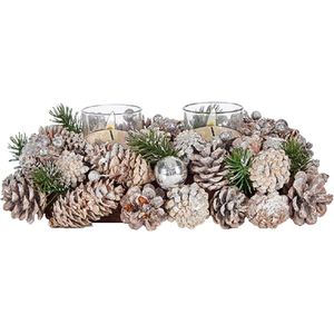 Kerst thema kaarsenhouder ornament silver/green nature 29 x 18 x 11 cm - Voor 2x kaarsjes - Tafel decoratie