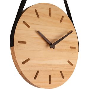 Moderne wandklok van hout en leder - Ø30CM - Design - Hout en zwart - Woondecoratie - Industriële klok - Minimalistisch - Stil uurwerk