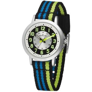 ATRIUM Horloge - Kinderen - Jongens - Zwart & Fel Blauw & Groen- Analoog - 3 Bar Waterdicht - Leercijferblad -Duidelijk - Nylonband (13-17,5 cm. polsomtrek) - Quartz Uurwerk - A50-13