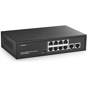 Gigabit PoE Switch met 10 Poorten, 8 PoE+ en 2 Uplinks, 10/100/1000Mbps - Max 120W, Fanless Unmanaged Plug&Play Ethernet Switch