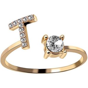 Ring Met Letter - Ring Met Steen - Letter Ring - Ring Letter - Initial Ring - (Zilver 925) Gold-Plated Letter T - Cadeautje voor haar