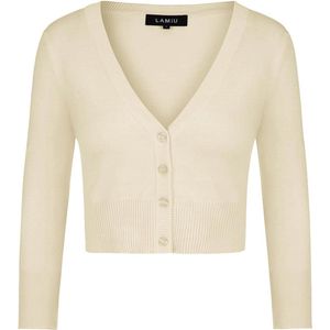 Damesvest met 3/4 mouwen, gebreid en getailleerd met knopen