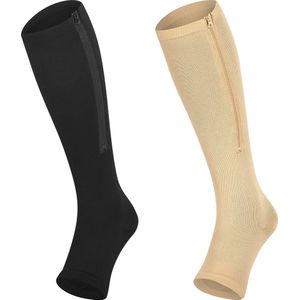 Steunkousen met rits - Compressiekousen - Compressie Sokken met Open Teen - Per Paar - Unisex - Beige - S/M