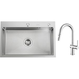 Lonheo max Spoelbak Keuken 68x45 - Inbouwspoelbak - - Met keukenkraan met uittrekbare uitloop -Gootsteen RVS - Spoelbak Met Kraangat - Spoelbak Met Zeepdispenser
