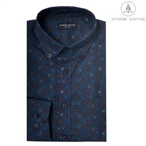 Chris Cayne overhemd lange mouw - maat M - blouse 1202 - navy/blauw/rood print - met borstzak