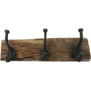 kapstok - drie metalen haken op een balk hout  - 37 cm lang