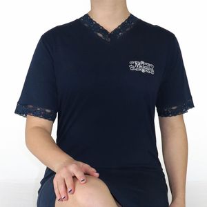 Medaillon Dames Nachthemd - Kantafwerking - Donker Blauw - Maat S