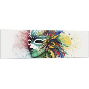 Vlag - Waterverf Tekening van Kleurrijke Carnavals Masker tegen Witte Achtergrond - 150x50 cm Foto op Polyester Vlag