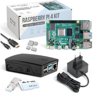 Raspberry Pi 4 1 GB Starterskit Zwart | Officiële voeding 15 W | Officiële behuizing | 64 GB-editie | 4K Micro HDMI-kabel | Koellichaamset
