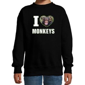 I love monkeys sweater met dieren foto van een Chimpansee aap zwart voor kinderen - cadeau trui apen liefhebber - kinderkleding / kleding 170/176