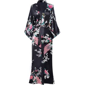 Allecto plus - Damesochtendjas Kimono Lang Model met Pauwenprint Strandjurk Zwart Onesize Grote Maten
