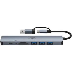 Trusmi DS01-01- 8-in-1 USB 2.0 - 3.0 -USB-C Multifunctioneel Dockingstation – USB-A & USB-C Poorten, SD/TF Card Reader, Opladen, Audiojack poort