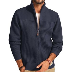 Heren gebreid vest met volledige rits en opstaande kraag - geribbeld wintervest