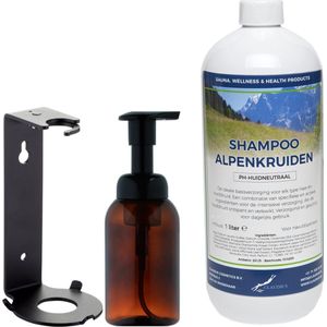 Zeepdispenser 300 ml amber bruin hervulbaar + 1 liter Shampoo Alpenkruiden navulling (inclusief beugel)