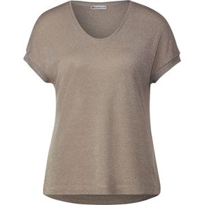 Street One LTD QR v-neck shiny Dames T-shirt - safari beige - Maat 36