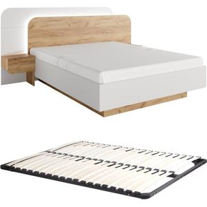 Bed met nachtkastjes – 160 x 200 cm – Met ledverlichting – Kleuren: houtlook en wit – Met bedbodem – DESADO L 245.2 cm x H 115.6 cm x D 208.8 cm