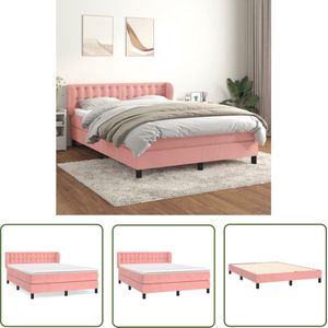 The Living Store Boxspring met matras fluweel roze 140x190 cm - Boxspringbed - Fluweel Bed - Roze Bed - Tweepersoonsbed - King Size Bed