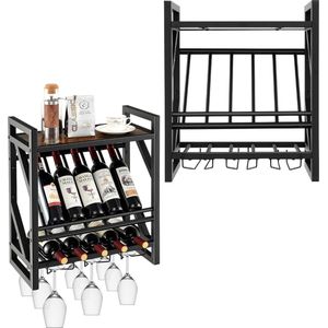 Wijnrek wandmontage voor 10 wijnflessen en 12 wijnglazen - Hout en metaal - Industrieel design - Zwevend wijnrek 51 x 26,5 x 60 cm
