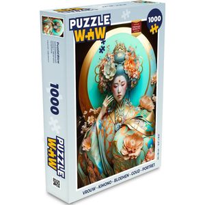 Puzzel Vrouw - Kimono - Bloemen - Goud - Portret - Legpuzzel - Puzzel 1000 stukjes volwassenen