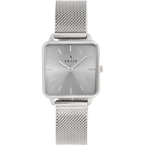 KRAEK Amy Zilver Met Zilveren Wijzerplaat 28 mm | Dames Horloge | Zilver mesh horlogebandje | Vierkant | Minimaal Design