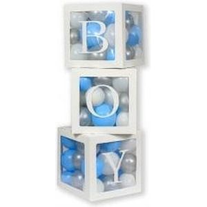 Drie doorzichtige letter ballon blokken Boy wit met 24 ballonnen - ballon - blok - box - boy - genderreveal - babyshower