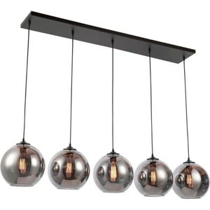 5B - hanglamp 5 lichts smoke bol - 25cm smoke bollen - 120cm x 10cm zwarte balk - Smoky bulbs - Bollampen