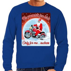 Foute Kersttrui / sweater - No presents for kids only for me suckers - motorliefhebber / motorrijder / motor fan blauw voor heren - kerstkleding / kerst outfit S