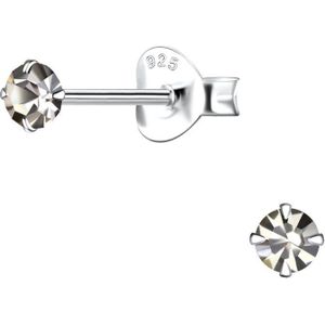 Joy|S - Zilveren ronde oorbellen 3 mm - kristal black diamond grijs - 3 mm oorknopjes
