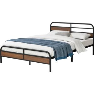 In And OutdoorMatch Metalen Bed Biva - Bedframe - Zwart - Walnootkleurig - 140x200 cm