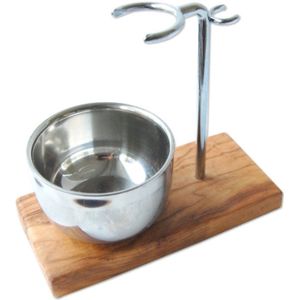 D.O.M. Olijfhouten Scheerkwast Houder KLASSIK PLUS met Glanzende RVS Scheerkom – Handgemaakt, Elegant en Modern Design