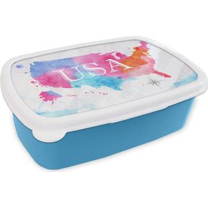 Broodtrommel Blauw - Lunchbox - Brooddoos - Amerika - Wereldkaart - Waterverf - 18x12x6 cm - Kinderen - Jongen