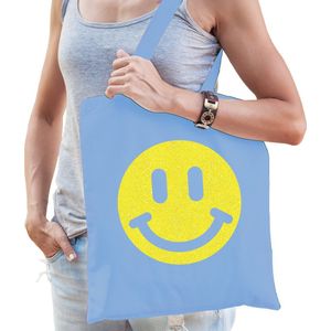 Bellatio Decorations Cadeau tas dames - smiley - blauw - katoen - 42 x 38 cm -Moederdag - verjaardag