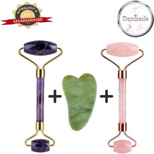 Demiracle Amethist en Rose Quartz Face Roller  met Gua Sha Jade schraper – Gezichtsmassage – Massagetools – Massage - Ontspanning – Kwaliteit