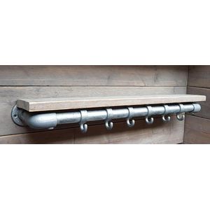 Steigerbuis Kapstok met Bovenplank | 80cm | 6 Haken | Buis 42mm | Industrieel | Loft | Robuust | Buis | Staal | Metaal | Hout en Staal