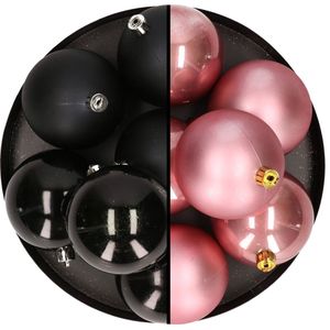 12x stuks kunststof kerstballen 8 cm mix van zwart en velvet roze - Kerstversiering