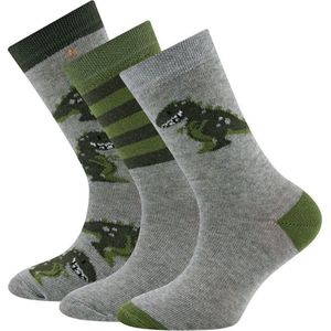 Ewers Kindersokken - 3-PACK - Lichtgrijs/Groen met Dinosaurus & Lichtgrijs/Groen Gestreept & Dinosaurussen met Sterren-23/26