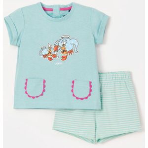 Woody Babypyjama Meisjes – Korte Mouwen – Krab en Kwalletje Print – Mintgroen met Streepjes – 100% Katoen - 6 maand